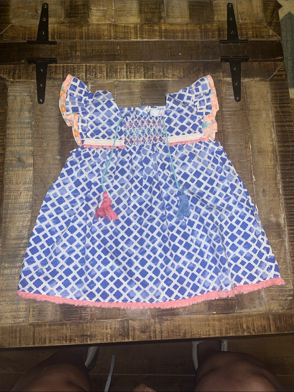 Blue Geometric Girls' Smocked Dress with Tassels